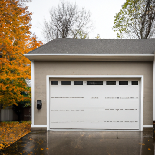 Suburban Framingham garage with a modern paneled door, sensors, and smart keypad in autumn.