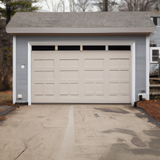 Suburban Framingham driveway with a closed residential garage door, visible weather seal and tracks, overcast light.