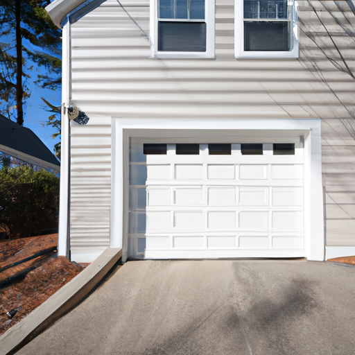 Suburban Framingham garage with a closed insulated sectional door, visible weatherstripping and driveway.