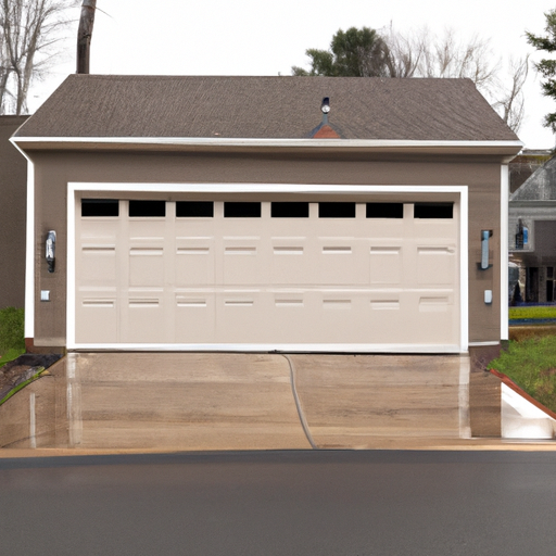 Suburban Framingham home exterior with a closed modern garage door, wet driveway, and visible tracks.