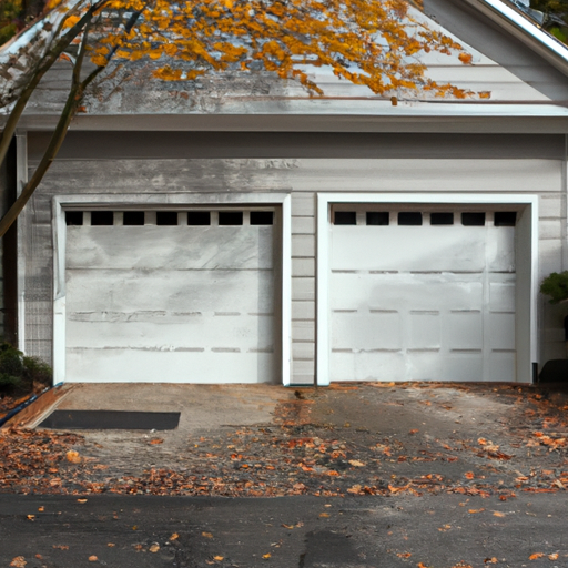 Residential two-car garage door on a Framingham home with weather seal and autumn leaves in the driveway.