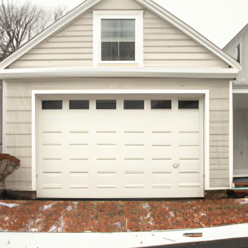 Modern insulated white garage door on a suburban Framingham, MA home with light snow on the driveway.