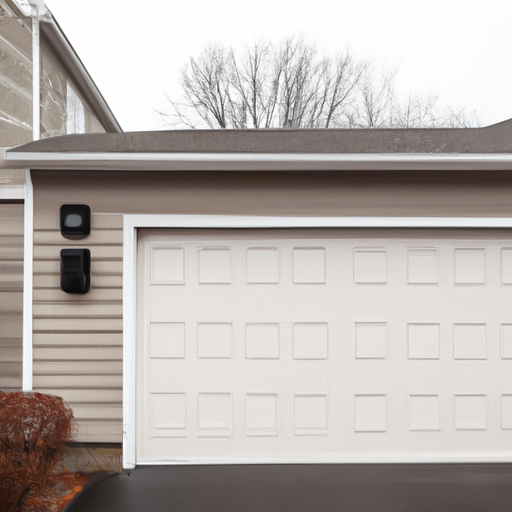 Suburban Framingham home with a sectional garage door, keypad, and exterior camera under overcast sky.