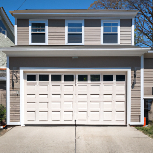 Editorial photo of a suburban sectional garage door and house exterior in Framingham, MA, showing panels, weatherstrip, and tracks.
