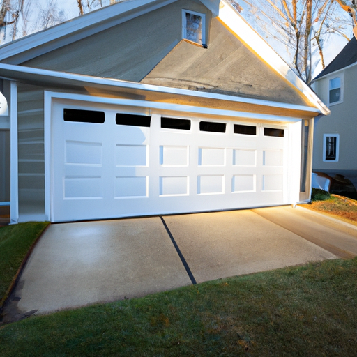 Modern insulated garage door on a suburban home in Framingham, MA at dawn, no people.