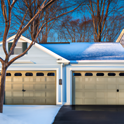 Suburban two-car garage in Framingham with a modern sectional garage door partially open and light snow on driveway.