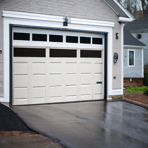 Suburban Framingham home with a modern steel garage door partially open on a wet driveway after rain.