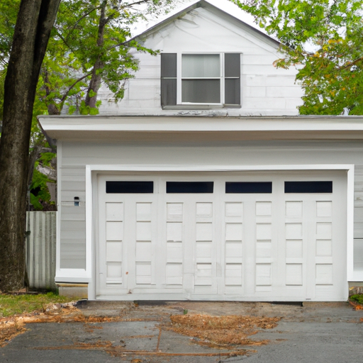 Closed residential garage door on a Framingham, MA driveway in soft overcast light with house and trees visible.