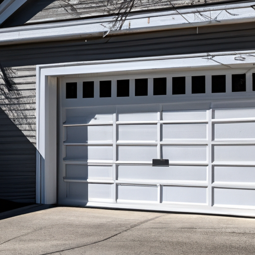 Insulated sectional garage door on a suburban Framingham home, panels and weatherstripping visible