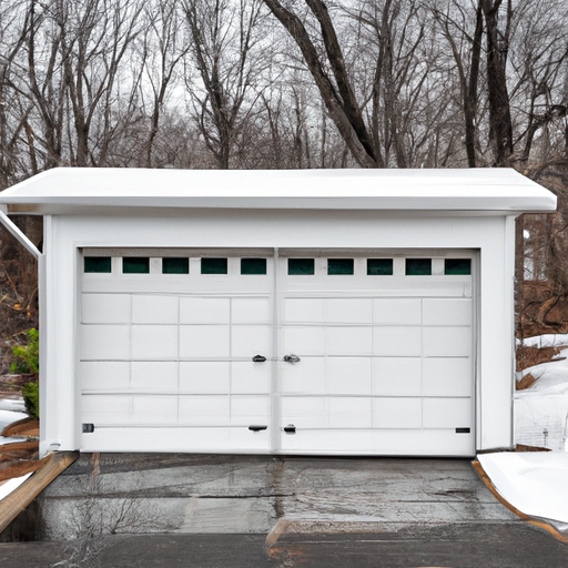 Insulated steel garage door with new weatherstripping and threshold in a suburban Framingham driveway, light snow at edges.