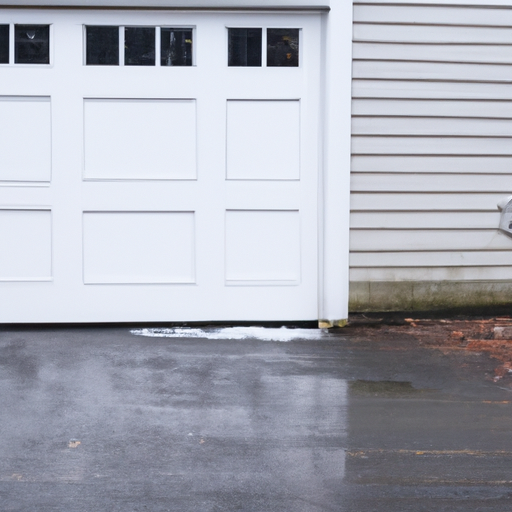 Sectional garage door with visible bottom seal and threshold in a Framingham, MA driveway with light snow and wet pavement.
