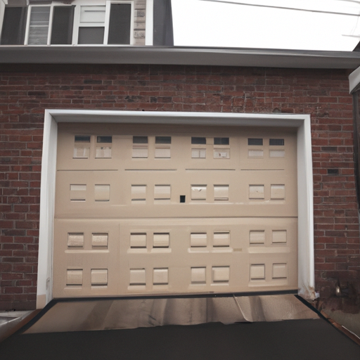 Insulated residential garage door on a brick house in a Framingham neighborhood at dawn, weatherstripping visible.