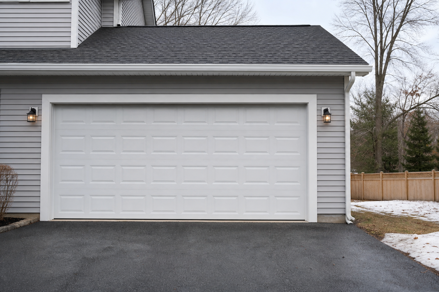 Framingham garage exterior with a visible door, driveway, and weather-ready maintenance details